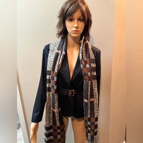 Luxury Cotton/Jacquard edge /Leopard & Stripe Motif Scarf  Black/cream/rust - Picture 2 of 8